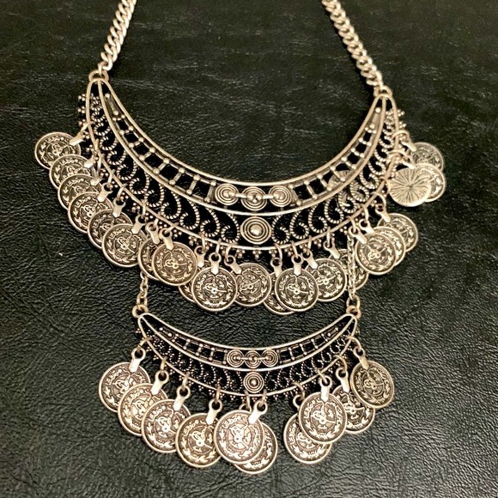 Double the Coins, Double the Drama – Silver Statement Tribal Necklace